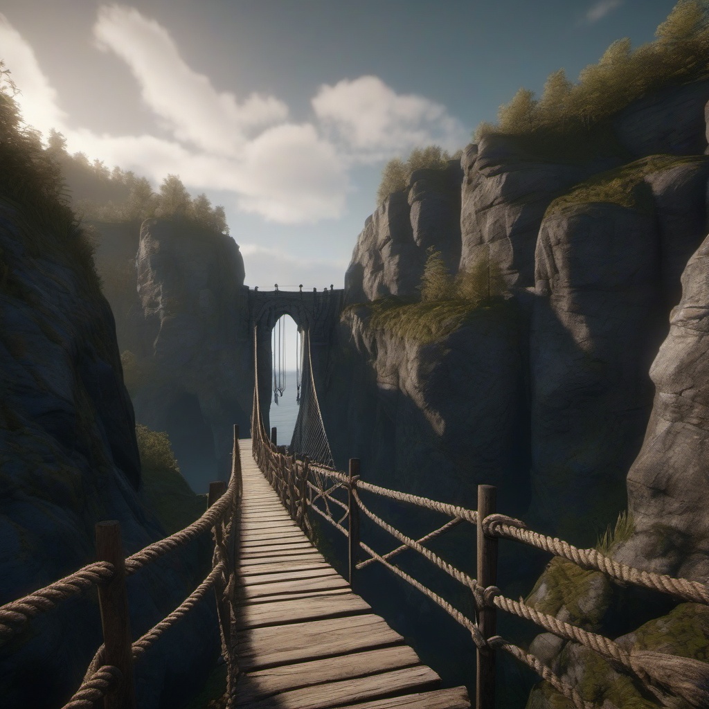 Weathered rope bridge connects two cliffs in a mystical realm.  8k, hyper realistic, cinematic