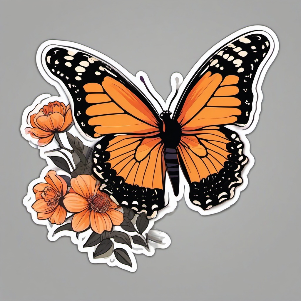 Butterfly and Blossoms Sticker - Butterfly near blooming flowers, ,vector color sticker art,minimal