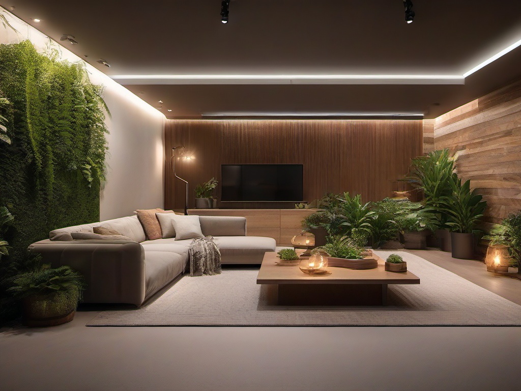 Biophilic interior design in the basement features natural textures, warm lighting, and plants that create an inviting and cozy space for relaxation and entertainment.  