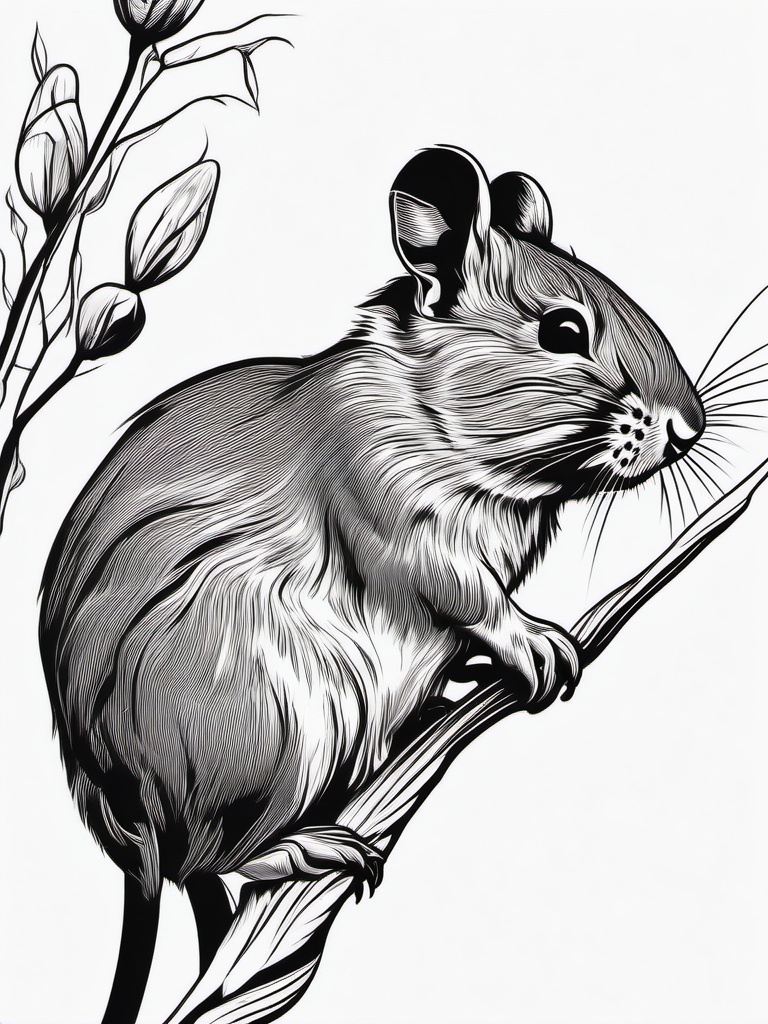 Degu Tattoo - Degu nibbling on a twig  few color tattoo design, simple line art, design clean white background