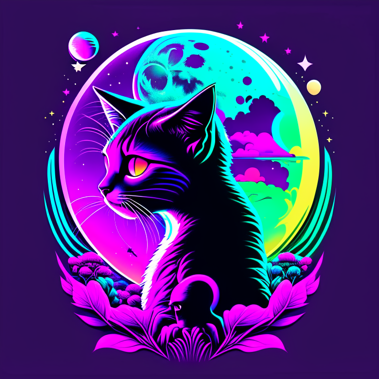 A vector design for a t-shirt of an alien standing a little sneakily while hugging a pet cat tight with the moon behind him in the background, vector graphic, t-shirt design, vibrant colors