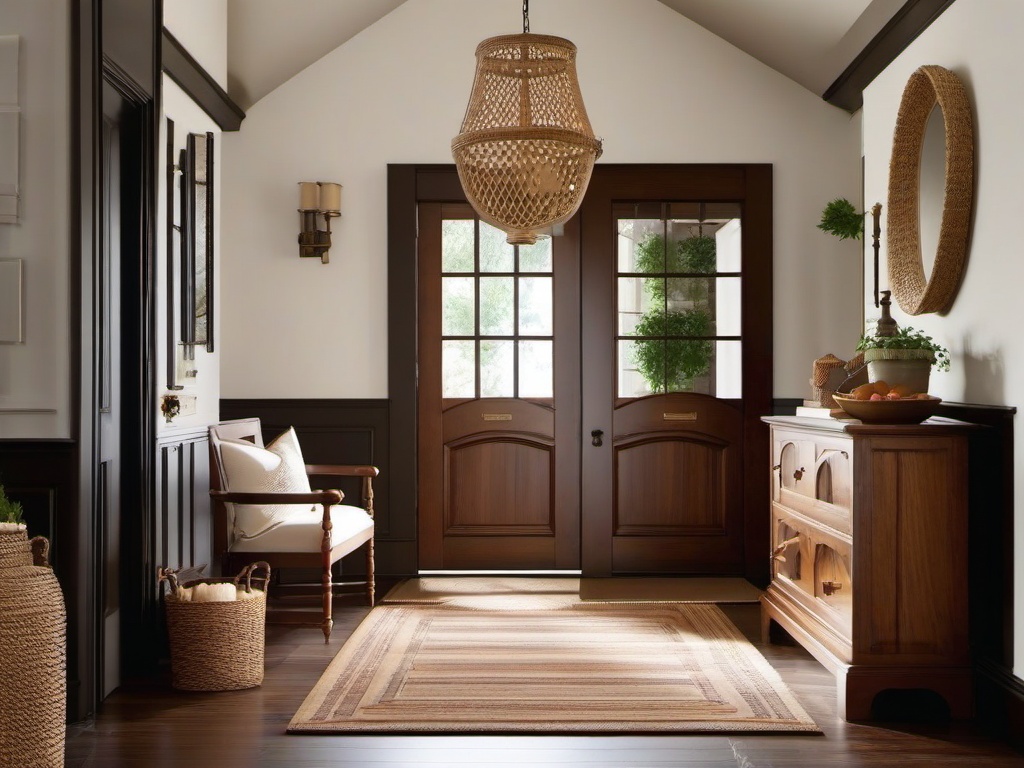 Colonial entryway features classic wooden furniture, warm colors, and simple decor that provide a cozy and timeless atmosphere at the entrance.  