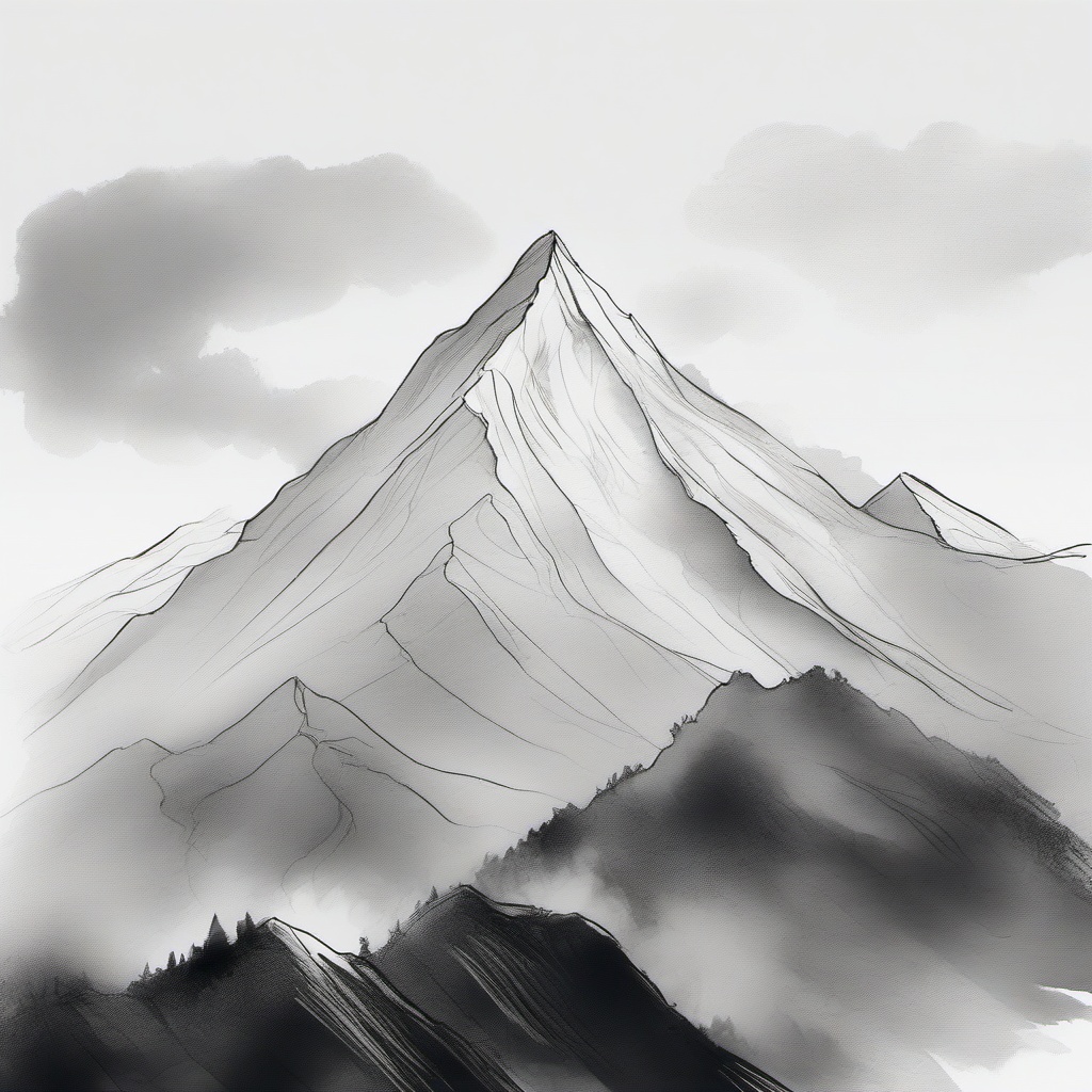 drawing of a mountain with fog  minimal rough sketch scribbles,doodles,black and white