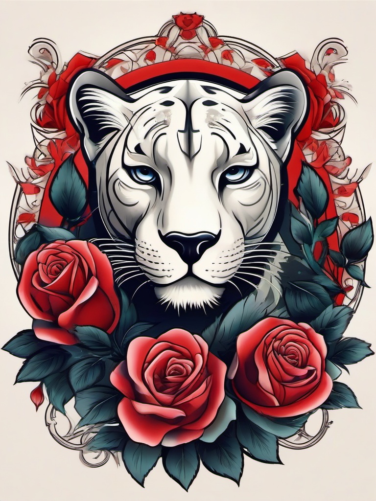 Panther with Rose Tattoo-Elegant tattoo design featuring a panther with roses, creating a harmonious and symbolic composition.  simple color tattoo,white background