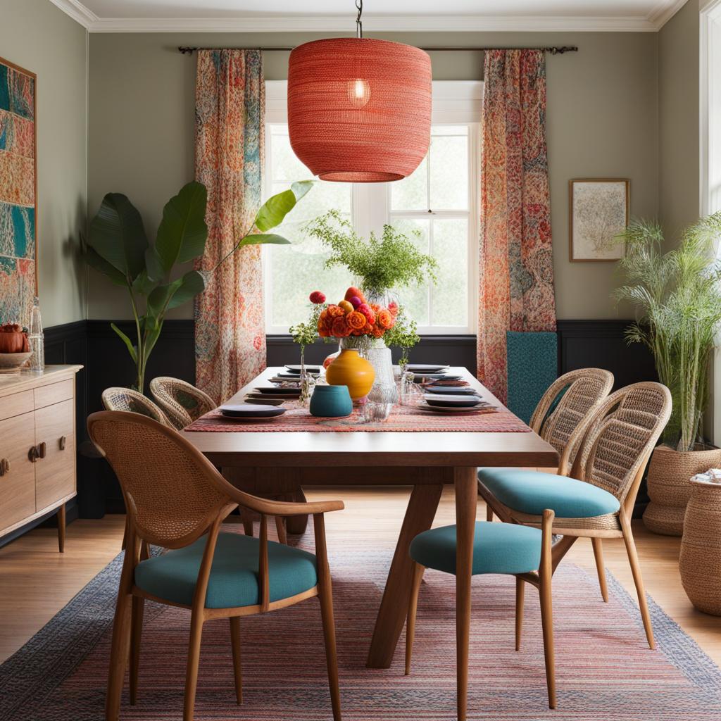 boho-chic dining room with colorful textiles and a mix of vintage and modern. 