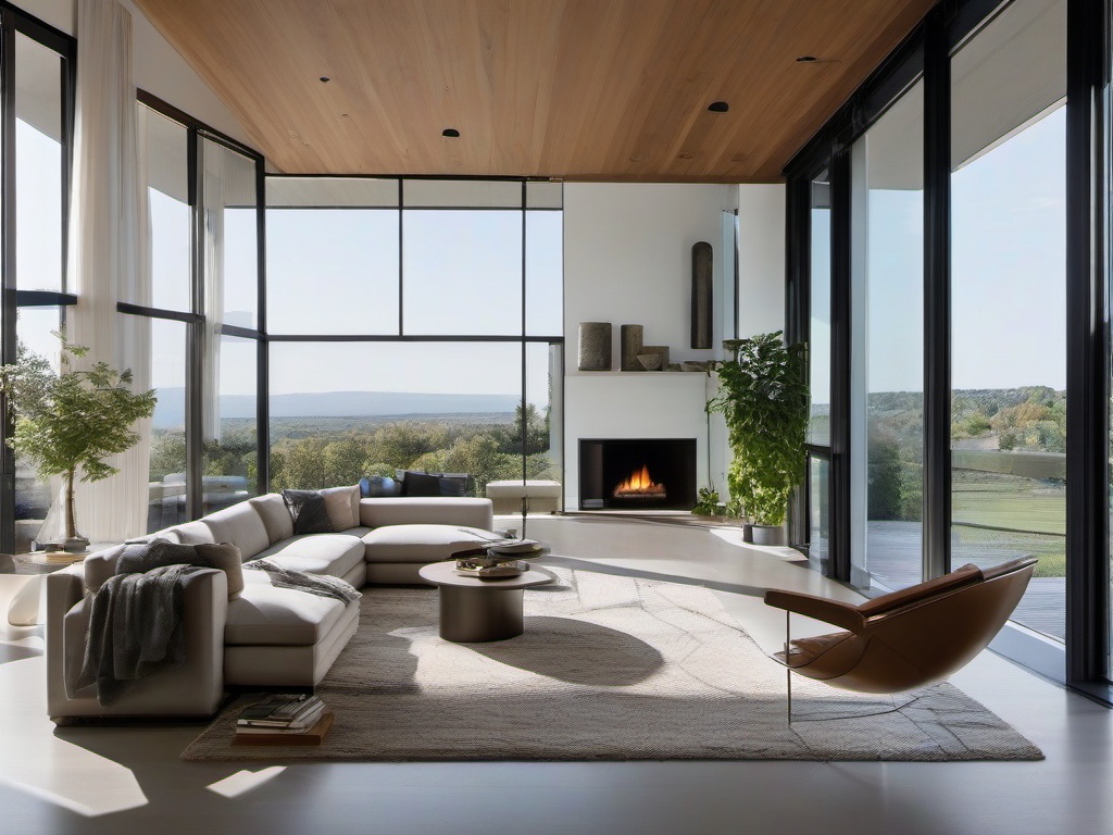 Modern living room features sleek furniture, floor-to-ceiling windows, and a minimalist color palette to create an open, airy space.  