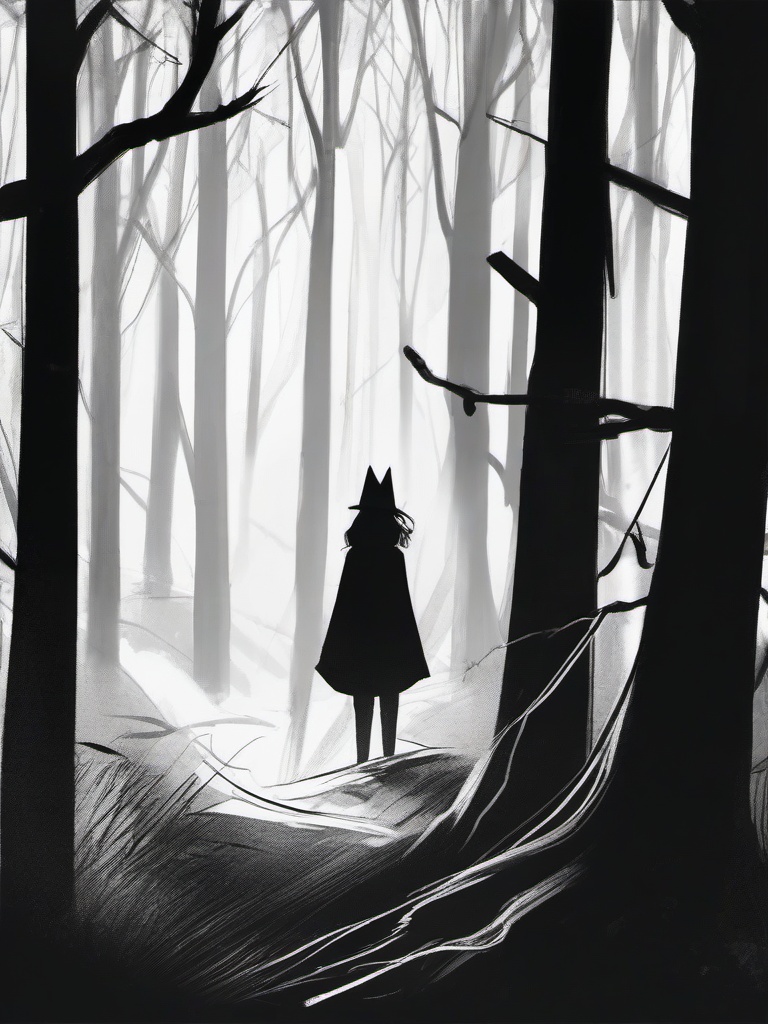 drawing of Wednesday in a spooky forest  minimal rough sketch scribbles,doodles,black and white