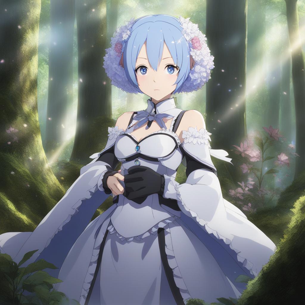 rem (re: zero) displays unwavering determination while defending her allies in a mystical forest. 