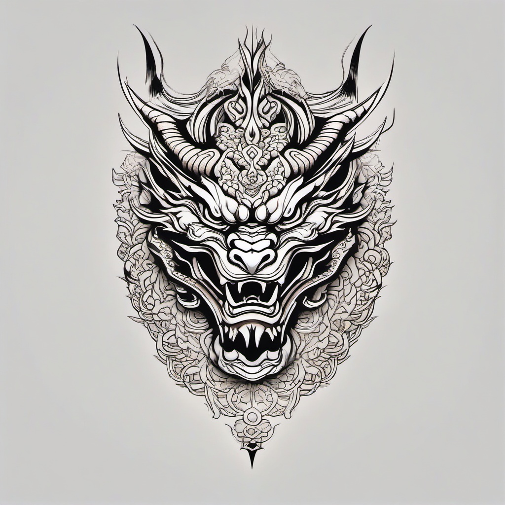 Dragon Oni Tattoo - Features a dragon motif alongside the Oni, combining two powerful symbols in Japanese tattoo art.  simple color tattoo,white background,minimal