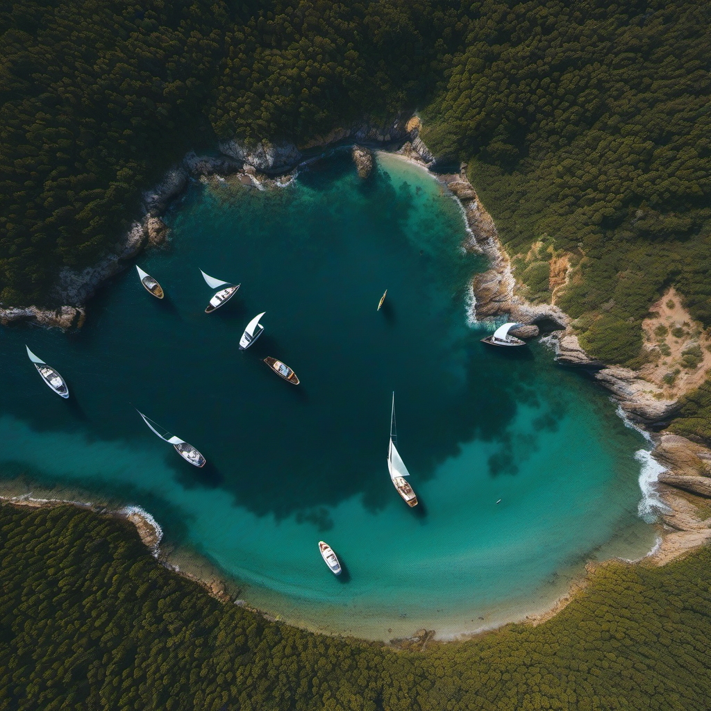 top down view of ocean with 3 sail boats