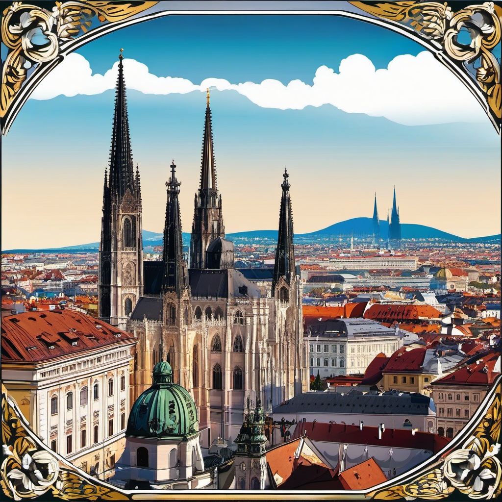 Vienna clipart - St. Stephen's Cathedral and Vienna cityscape,  color vector clipart