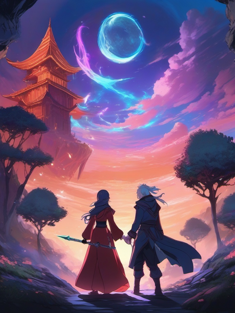 Chaos-wielding mage and chaotic mage companion, in a world of floating islands, conjuring powerful spells to reshape reality, as a matching pfp for couples. wide shot, cool anime color style