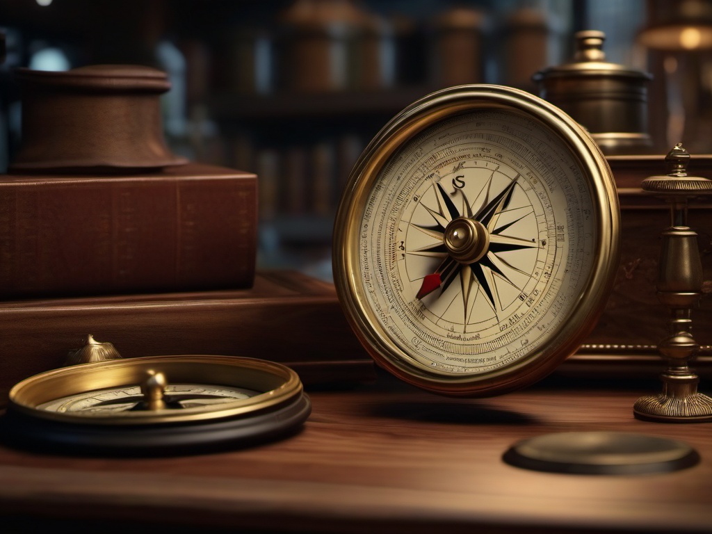 In a curious curiosity shop, an old compass points the way to unexpected adventures.  8k, hyper realistic, cinematic