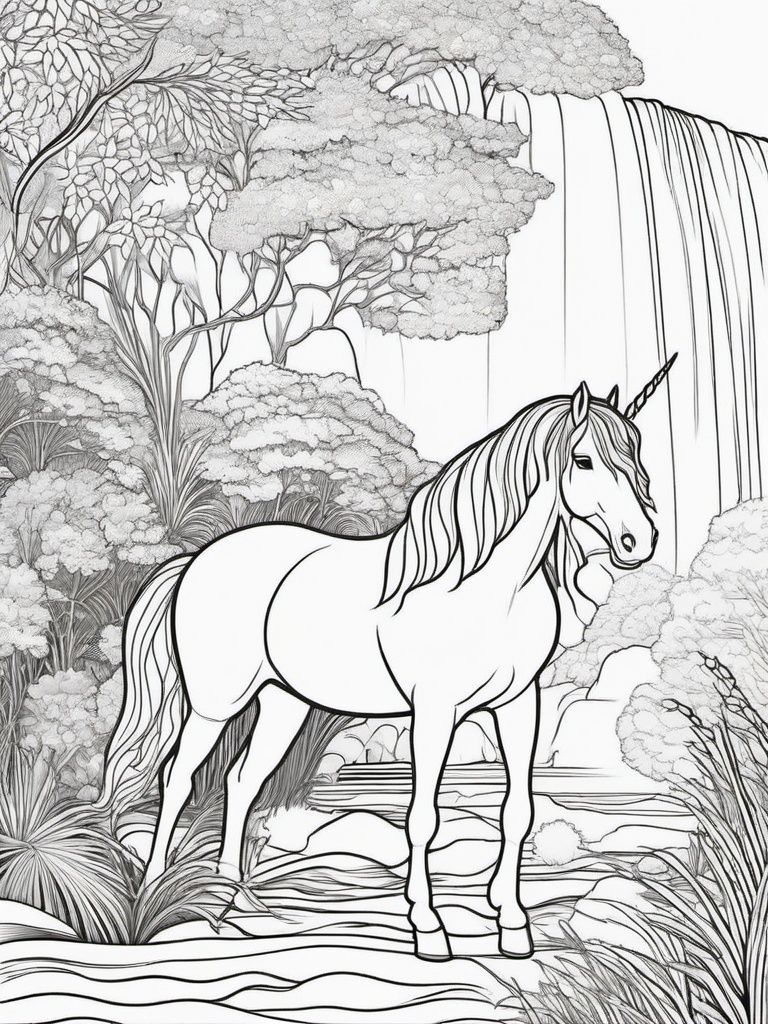 Unicorn Coloring Pages - Unicorn with a waterfall cascading nearby  simple coloring pages