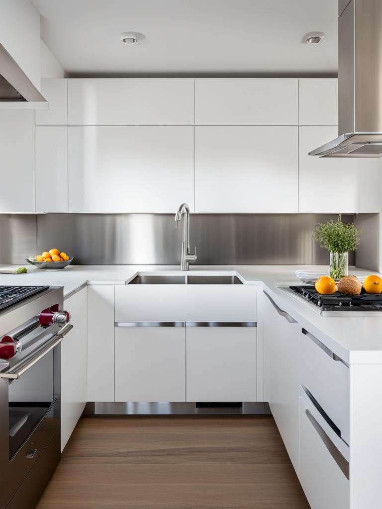 modern kitchen with sleek, white cabinets and stainless steel appliances. 