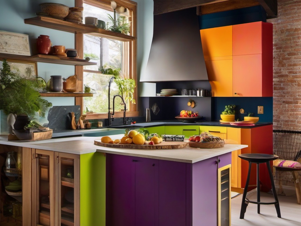 Eclectic kitchen combines colorful cabinetry, mismatched decor, and unique accessories, making it a lively and personalized space for culinary creativity.  