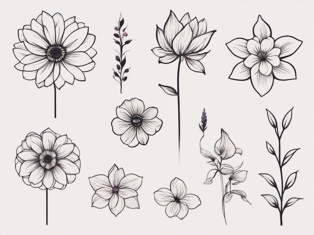 Delicate Flower Tattoos - Small-sized and delicate tattoos featuring various flower designs.  simple color tattoo,minimalist,white background