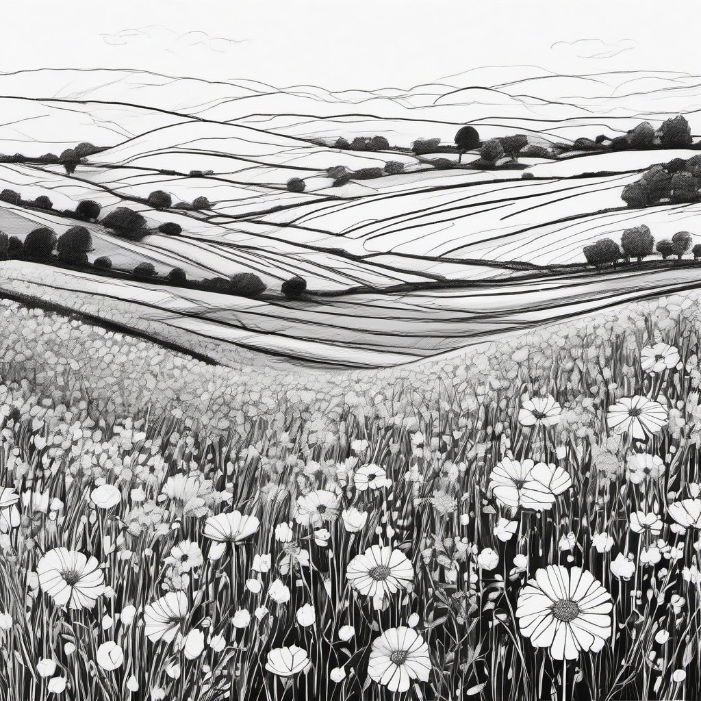 drawing of a field of flowers  minimal rough sketch scribbles,doodles,black and white