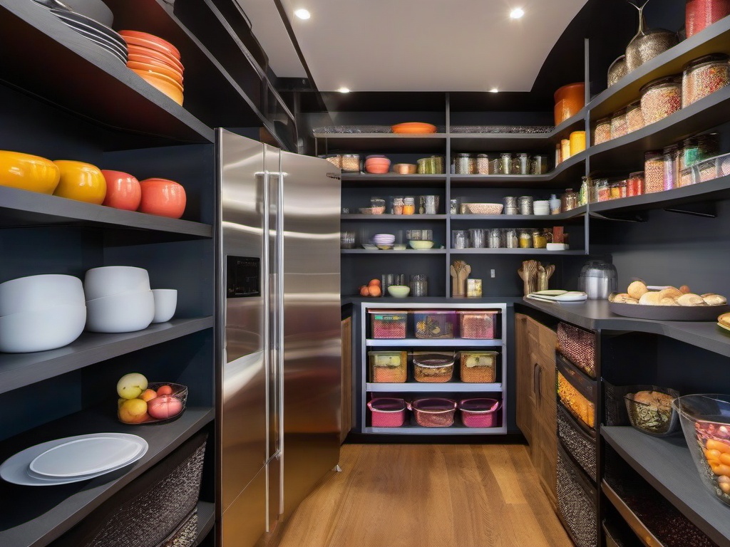 The pantry showcases cosmic chic interior design with organized shelving, colorful containers, and playful decor, making food storage both practical and fun.  