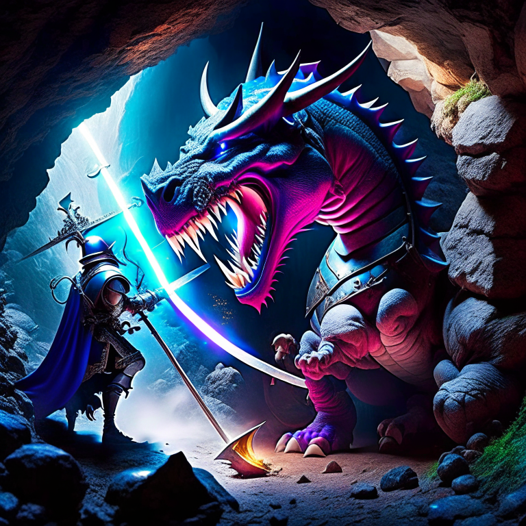 sir lancelot vs the wyrm - the valiant knight confronts the fearsome wyrm in a treacherous cave, swinging his mighty sword excalibur. 