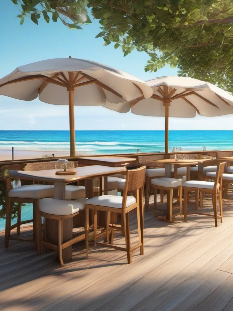 Beachside cafe with ocean views close shot perspective view, photo realistic background, hyper detail, high resolution