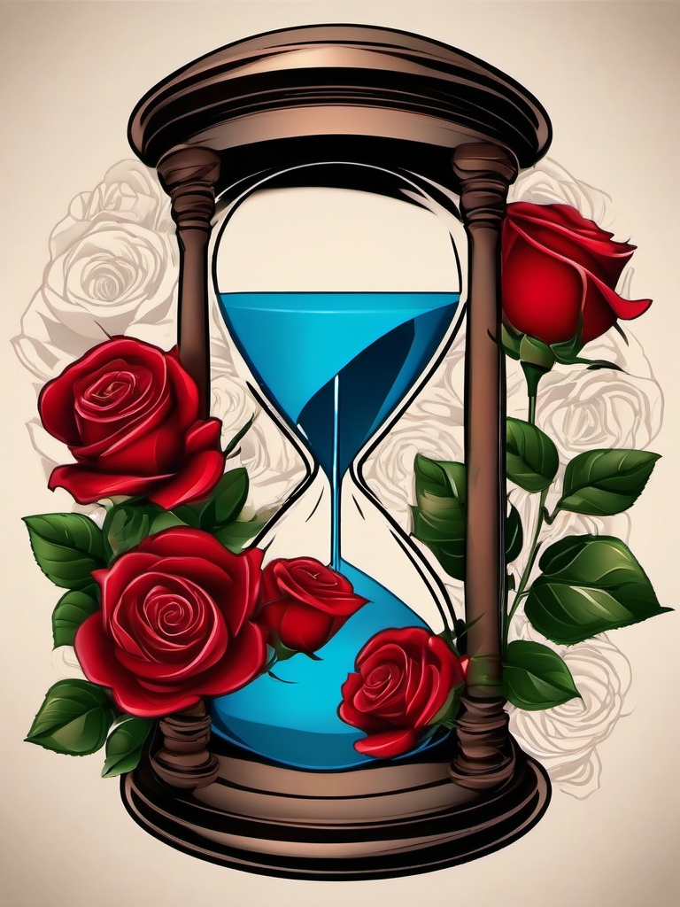 Hourglass with roses tattoo: Symbolic blend of time and fleeting beauty.  simple color tattoo style