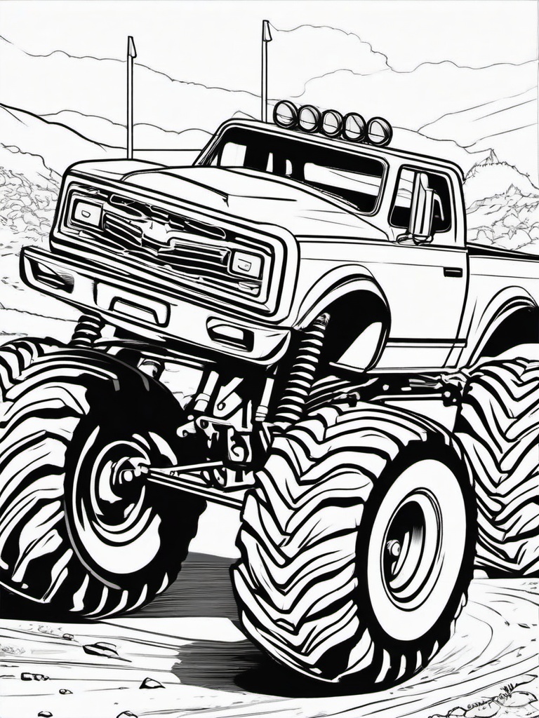 Monster Truck Overcoming Obstacles Coloring Pages - Trucks Crushing Barriers in Races  minimal black outline printable sheet, coloring page