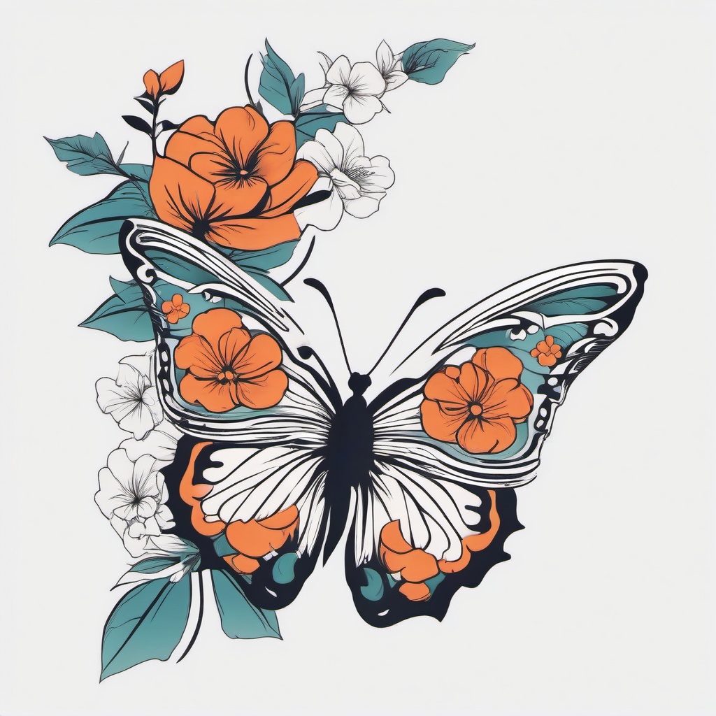 Tattoo Butterfly Flower - Tattoo featuring both butterfly and flower elements.  simple color tattoo,minimalist,white background