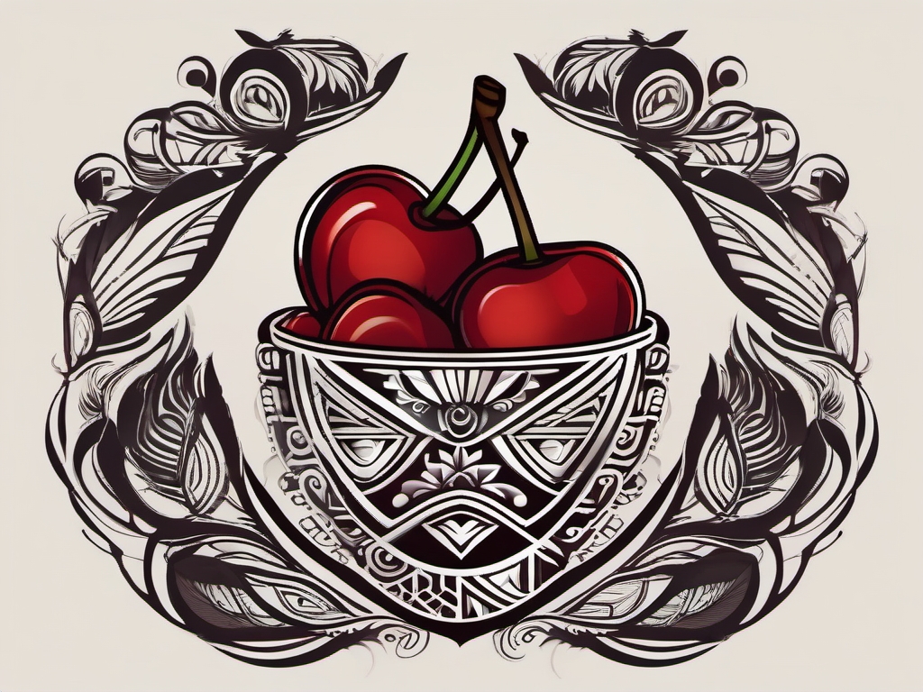 Cherries with tribal patterns design: Cultural symbolism etched in fruity art.  simple color tattoo style