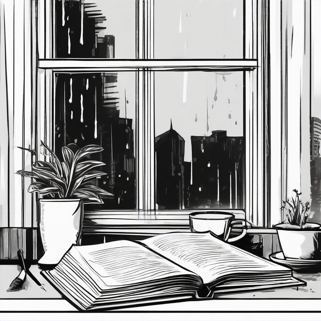 Book clipart - on a rainy window sill  minimal rough sketch scribbles,doodles,black and white