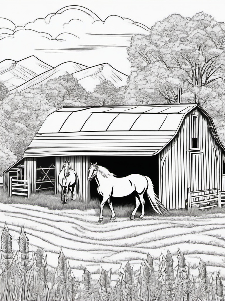 Horse and Barn Coloring Pages - Classic Farm Scene with Horses  minimal black outline printable sheet, coloring page