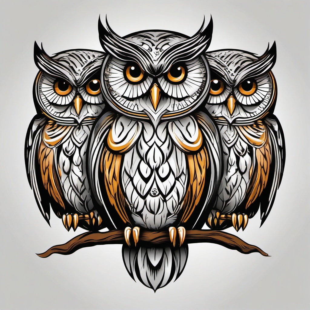 3 Owl Tattoo - Embrace symbolism with a tattoo featuring three owls in a captivating design.  simple color tattoo,vector style,white background