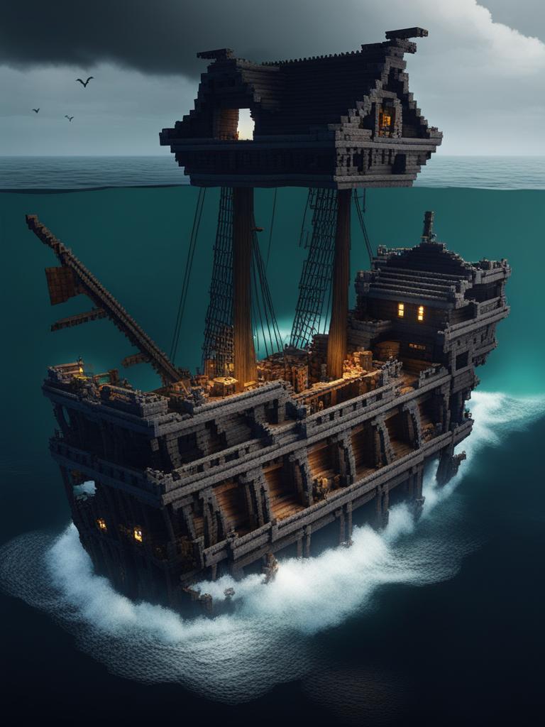 spooky haunted shipwreck under a stormy sea - minecraft house design ideas 