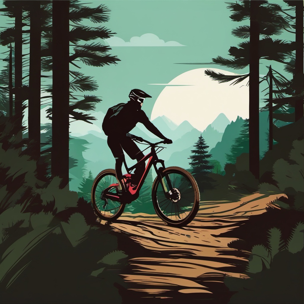 Mountain Biking in the Woods Clipart - A mountain biker in a wooded area.  color vector clipart, minimal style