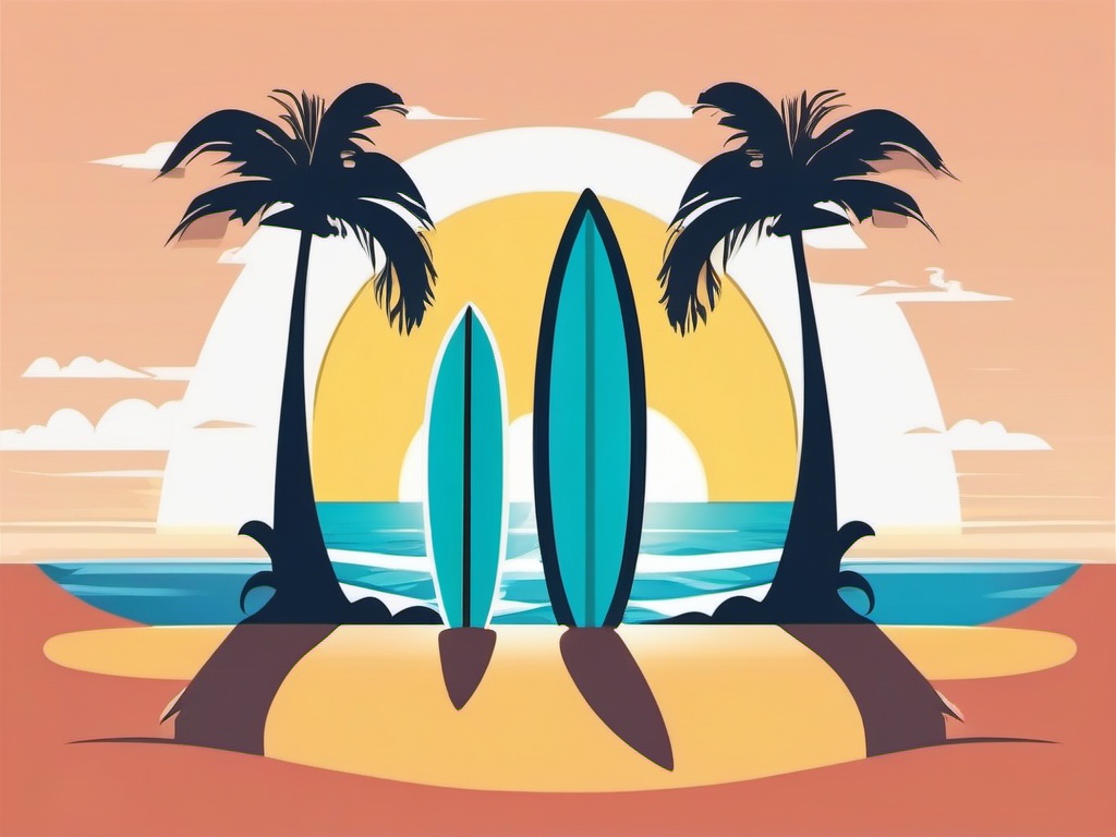 Surfboard on a Sunny Beach Clipart - A surfboard on a sunny beach.  color vector clipart, minimal style