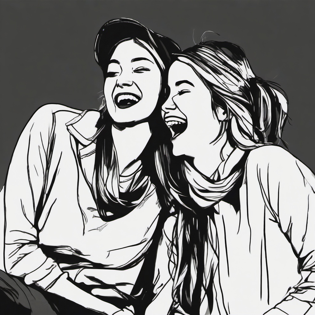 drawing of friends laughing together  minimal rough sketch scribbles,doodles,black and white