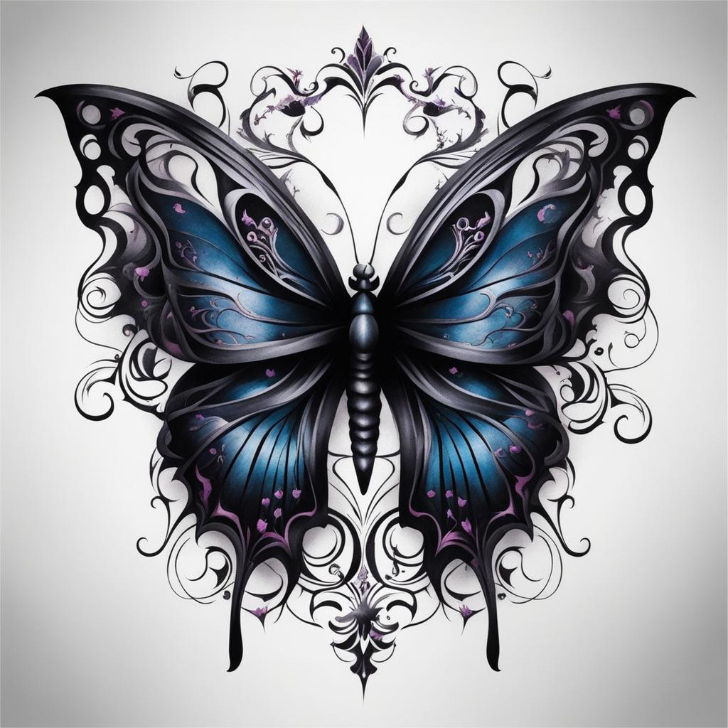 Gothic butterfly tattoo, Butterfly tattoos with a dark and gothic aesthetic.  viviid colors, white background, tattoo design