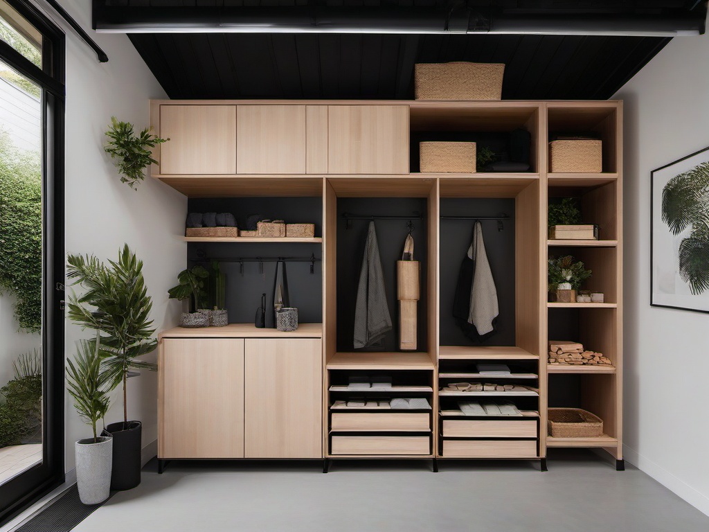 The garage features Japandi interior design with organized storage solutions, natural materials, and a minimalist aesthetic that make the space both functional and visually appealing.  