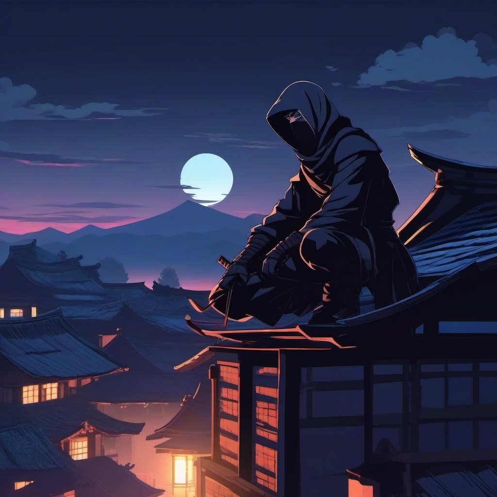 Stealthy ninja character and agile ninja partner, clad in shadowy attire, silently perched on a rooftop in a moonlit village, ready for a secret mission, as a matching pfp for friends. wide shot, cool anime color style