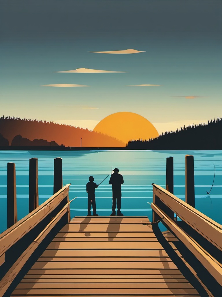 Wooden Pier clipart - People fishing from a wooden pier by the lake., ,vector color clipart,minimal