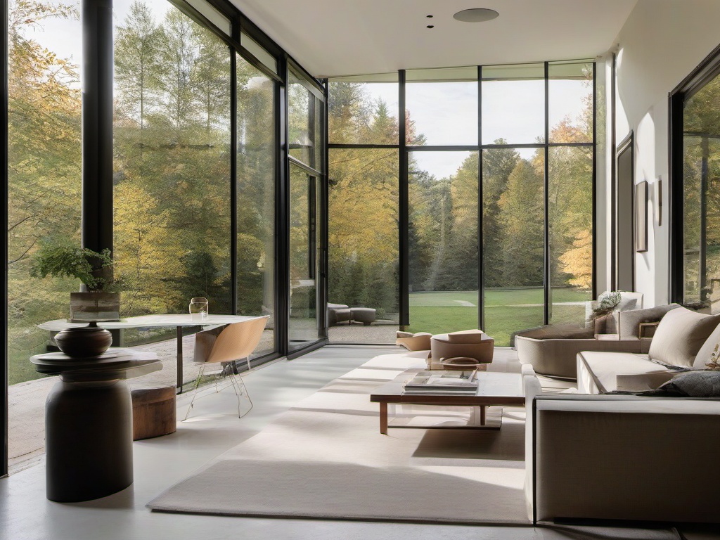 A sunroom with Bauhaus interior design highlights modern furniture, a neutral color palette, and large glass doors that allow for a seamless connection to the outdoors.  