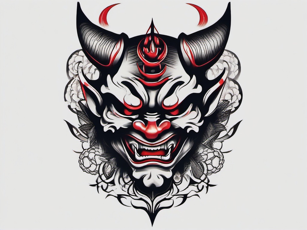 Hannya and Oni Tattoo - A tattoo design that combines both the Hannya and Oni motifs, creating a unique and powerful composition.  simple color tattoo,white background,minimal