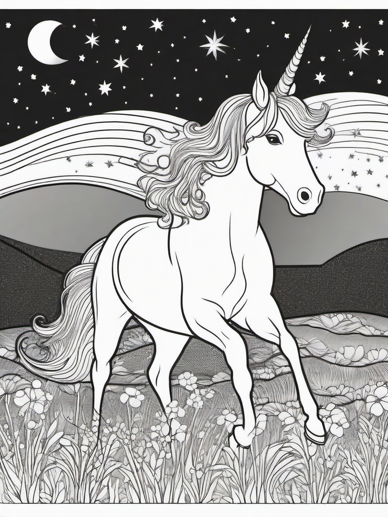 Unicorn in the Moonlight Coloring Pages - Mystical Scene Under the Night Sky  minimal black outline printable sheet, coloring page