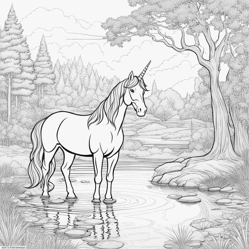 unicorn coloring pages - wise unicorn standing beside a crystal-clear pond, offering its guidance to a lost traveler. 