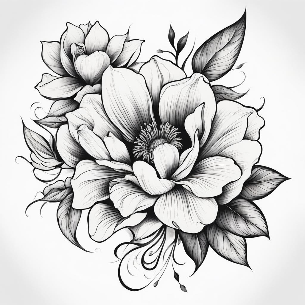 Flower tattoos for females, Artistic tattoos featuring various flowers, often preferred by women.  vivid colors, white background, tattoo design