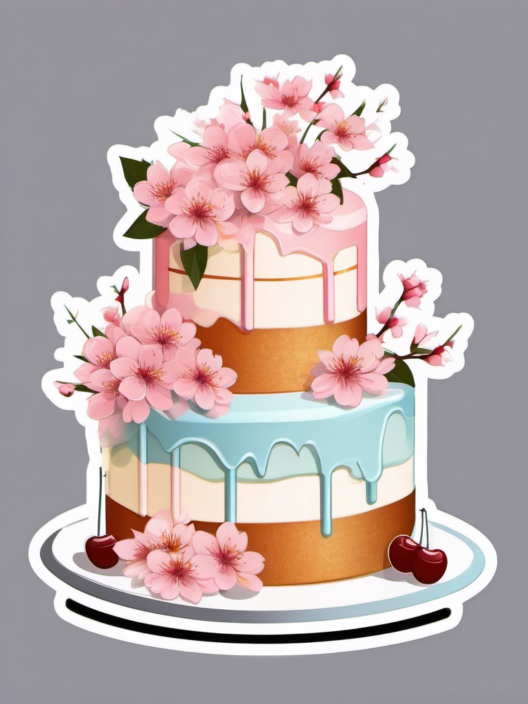 Cake with Cherry Blossoms Sticker - Cake adorned with delicate cherry blossoms, ,vector color sticker art,minimal