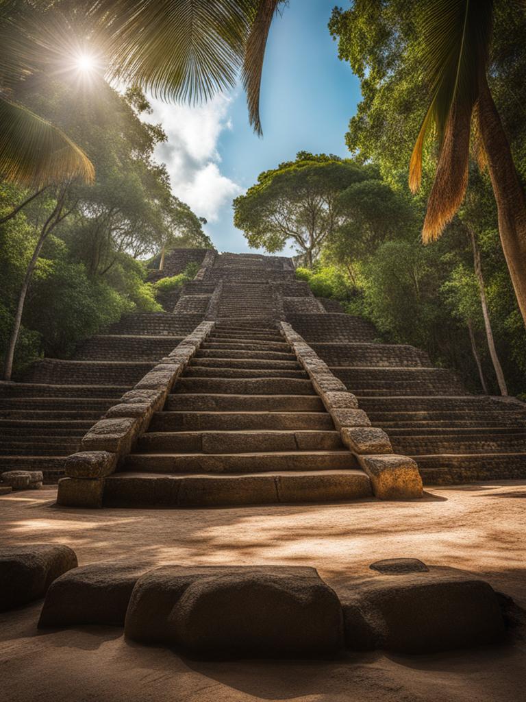 discover the ancient ruins of a mayan pyramid, with stone steps and intricate carvings. 