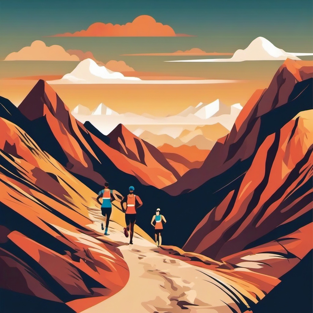 Mountain Trail Running Challenge Clipart - Trail runners facing a challenging mountain trail.  color vector clipart, minimal style