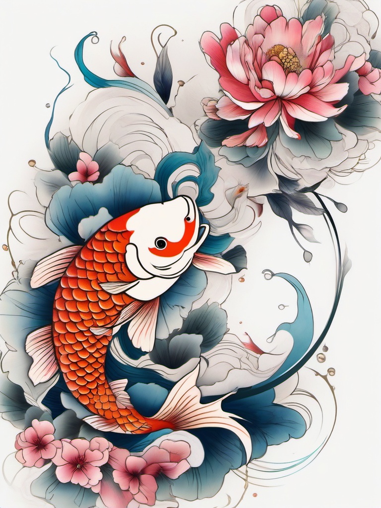 koi fish peony tattoos  simple color tattoo,white background,minimal