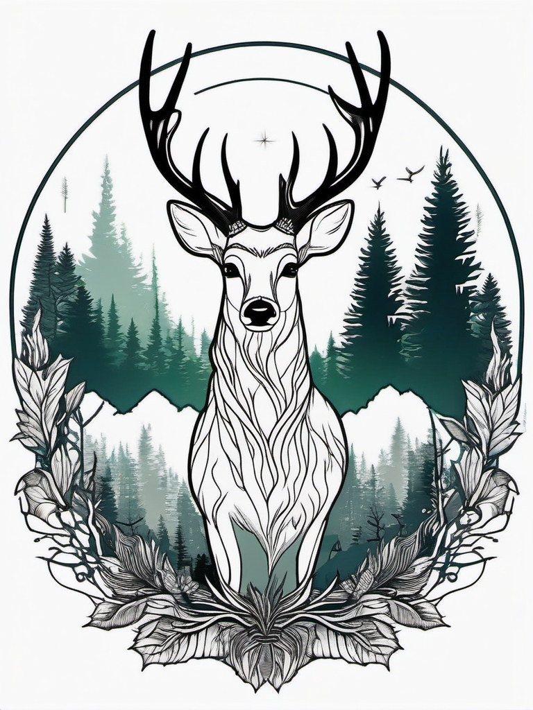 Silent Forest Sentinel - Embody the watchful nature of a deer in the silence of the forest in a contemplative tattoo.  outline color tattoo,minimal,white background